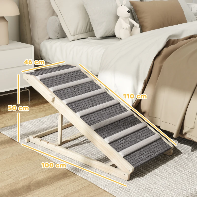 PawHut Klappbare Hunderampe, höhenverstellbar 35-50 cm, Holz-Haustierrampe mit rutschfester Matte
