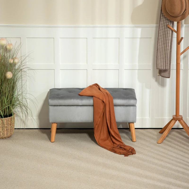 HOMCOM Banc de rangement coffre de rangement tissu effet velours pieds en bois charge max. 120 kg 80 x 35 x 42 cm, gris