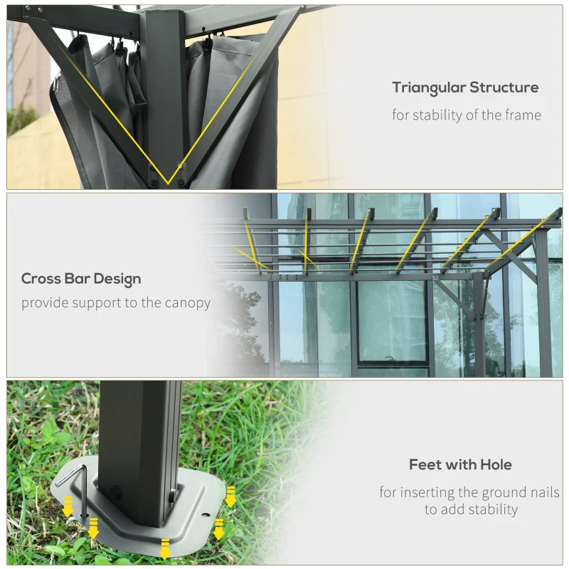 Outsunny 3.6 x 3(m) Outdoor Pergola with Retractable Roof and Curtains, Garden Gazebo Canopy Sun Shade Shelter with Aluminum Frame, Dark Grey