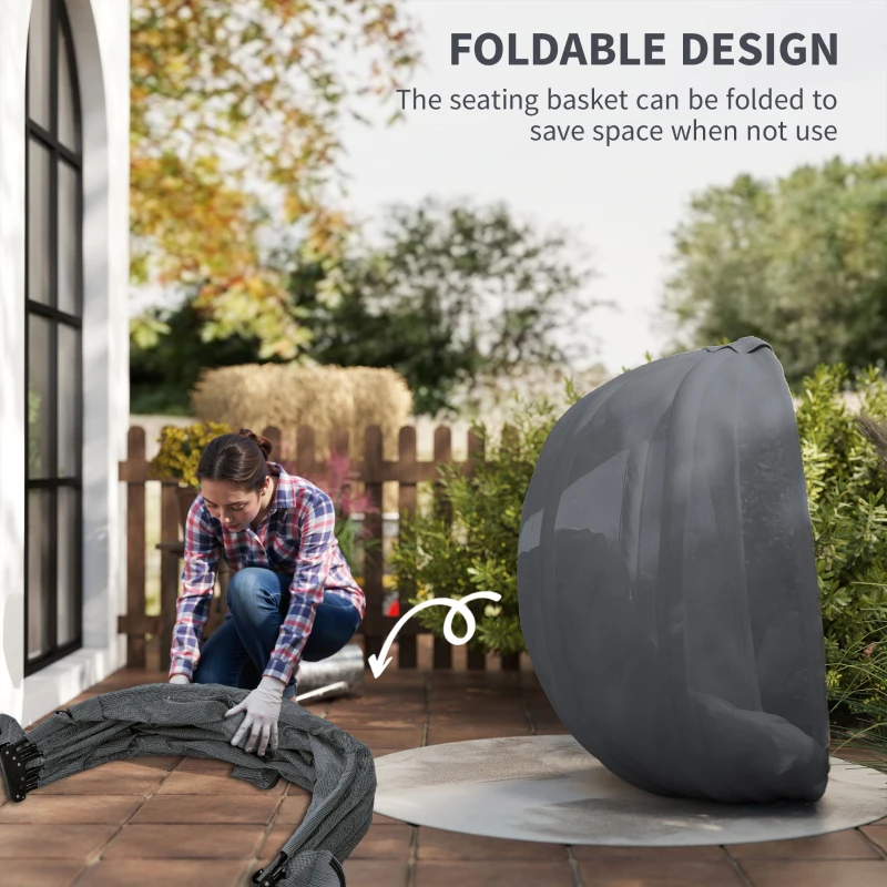 Outsunny Hanging Egg Chair, Folding Texteline Swing Hammock with Side Pocket, Cushion and Stand for Indoor Outdoor, Patio Garden Furniture, Grey