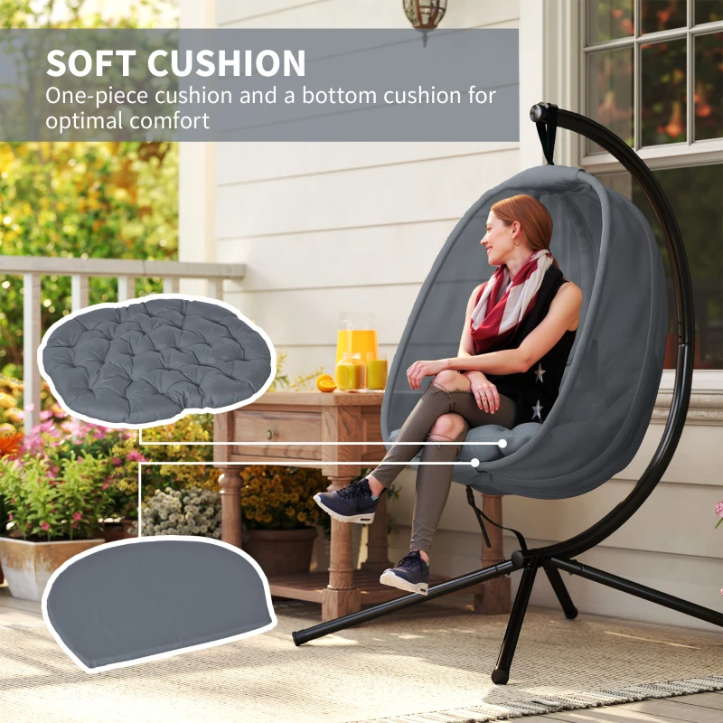 Outsunny Hanging Egg Chair, Folding Texteline Swing Hammock with Side Pocket, Cushion and Stand for Indoor Outdoor, Patio Garden Furniture, Grey