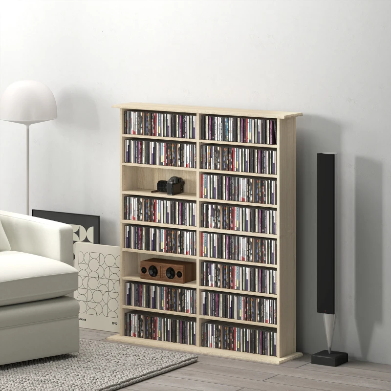 HOMCOM Rafturi pentru CD și DVD cu 16 compartimente și 12 polițe reglabile capacitate max. 720 CD/396 DVD și Blu-ray natural