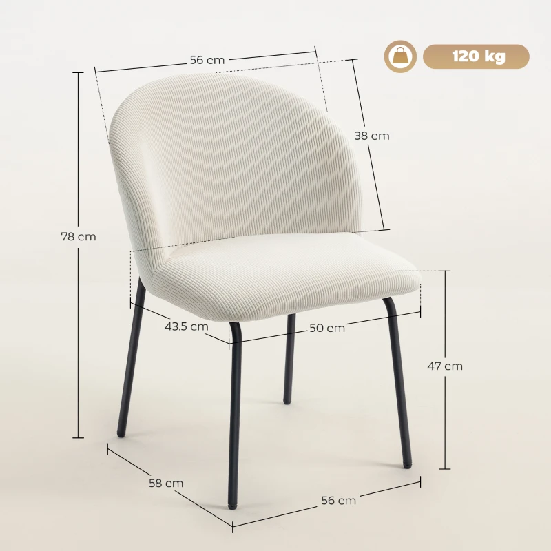 HOMCOM Set de 2 scaune de sufragerie din catifea canaletată, scaune de bucătărie cu picioare din oțel, 56x58x78cm, crem
