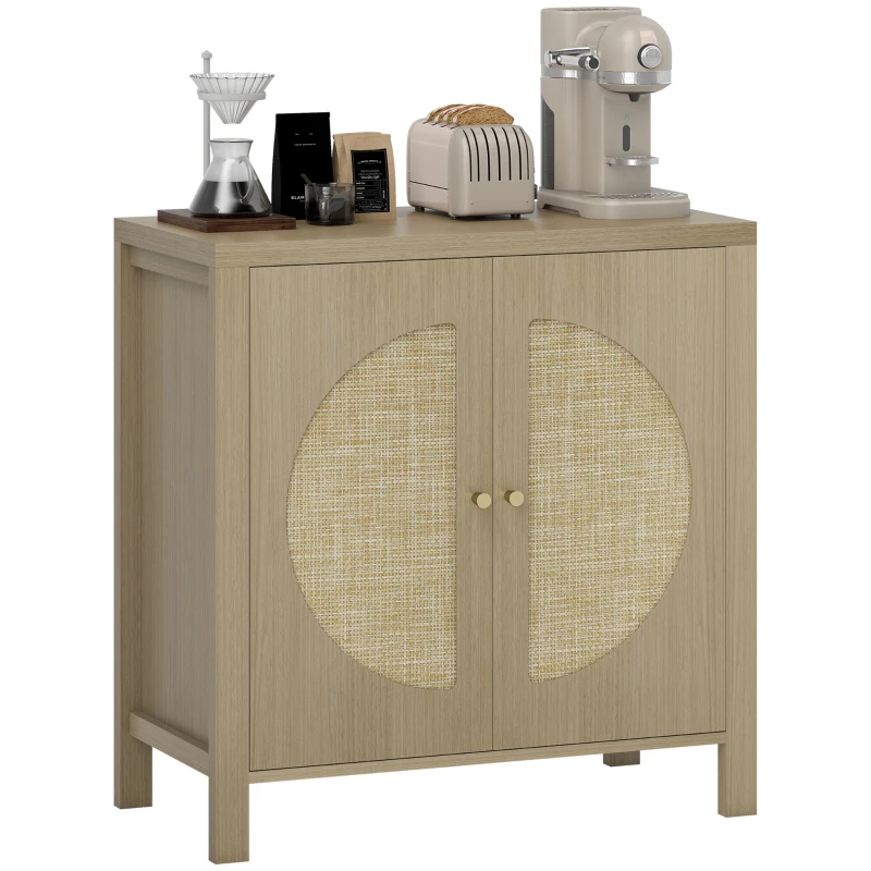 HOMCOM Bufet de bucătărie, mobilier de depozitare cu 2 uși cu efect ratan și raft reglabil, 75 x 38 x 77 cm, lemn natural