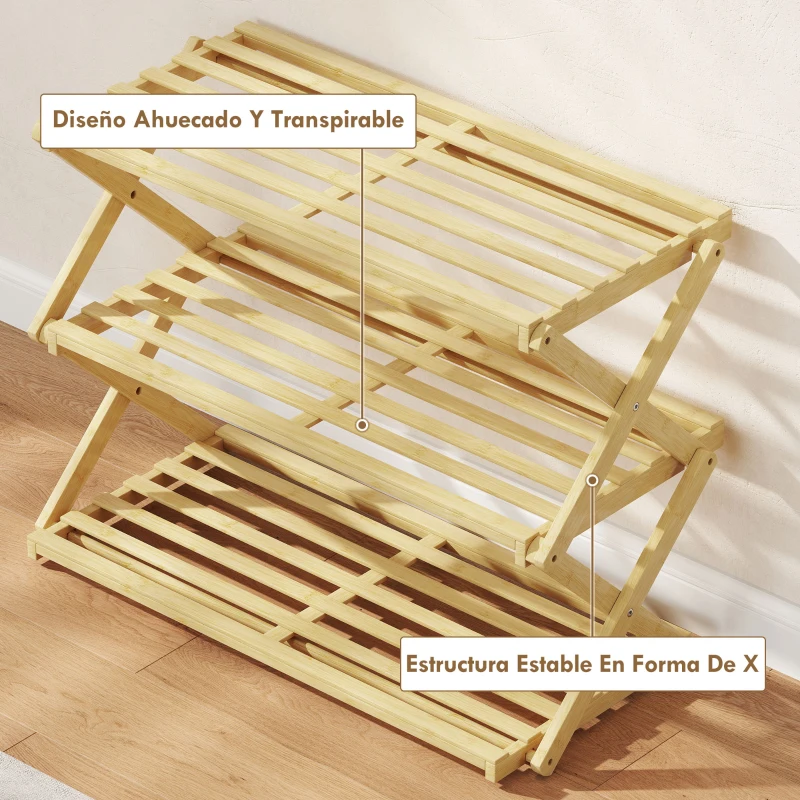 HOMCOM Zapatero Estrecho de Bambú Zapatero Vertical Plegable de 3 Niveles Sin Instalación Natural