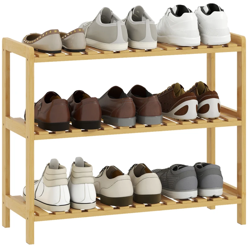 HOMCOM Etajeră din bambus cu 3 niveluri pentru pantofi pentru 9 perechi pentru antreu hol 70x26x57,5 cm natural