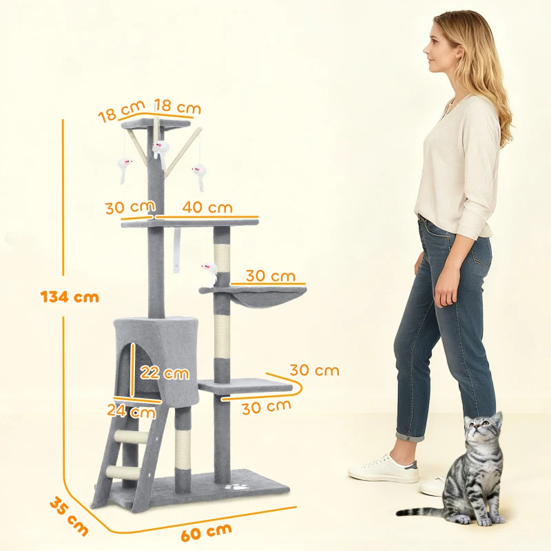 PawHut Árbol Rascador para Gatos Altura 134 cm con 6 Postes 3 Plataformas Cueva Hamaca Escalera 4 Juguetes Colgantes Gris