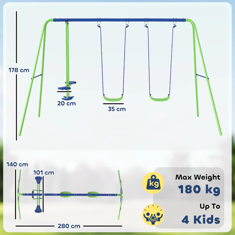 Outsunny Metal Garden Swing Set Height Adjustable Children Outdoor Backyard Play Set for Toddlers Over 3 Years Old, Green