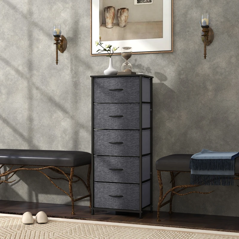 HOMCOM Comodă 5 sertare mobilier de depozitare sertar din material pliabil - structură din oțel negru - 45 x 30 x 116 cm gri închis