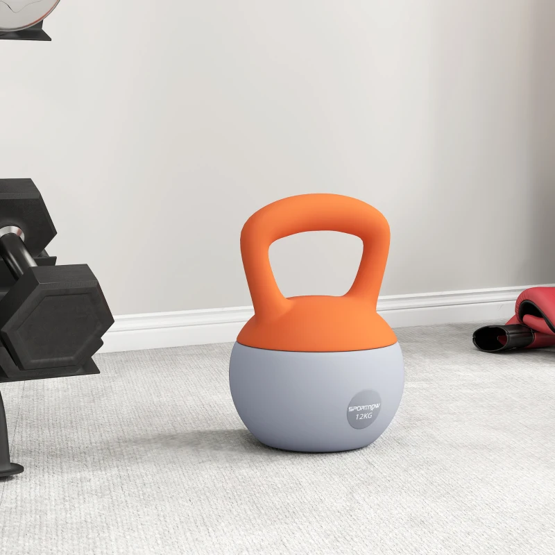 SPORTNOW Pesa Rusa 12 kg Kettlebell Relleno de Arena Metálica Mango Antideslizante para Casa 21x21x30 cm Naranja y Gris
