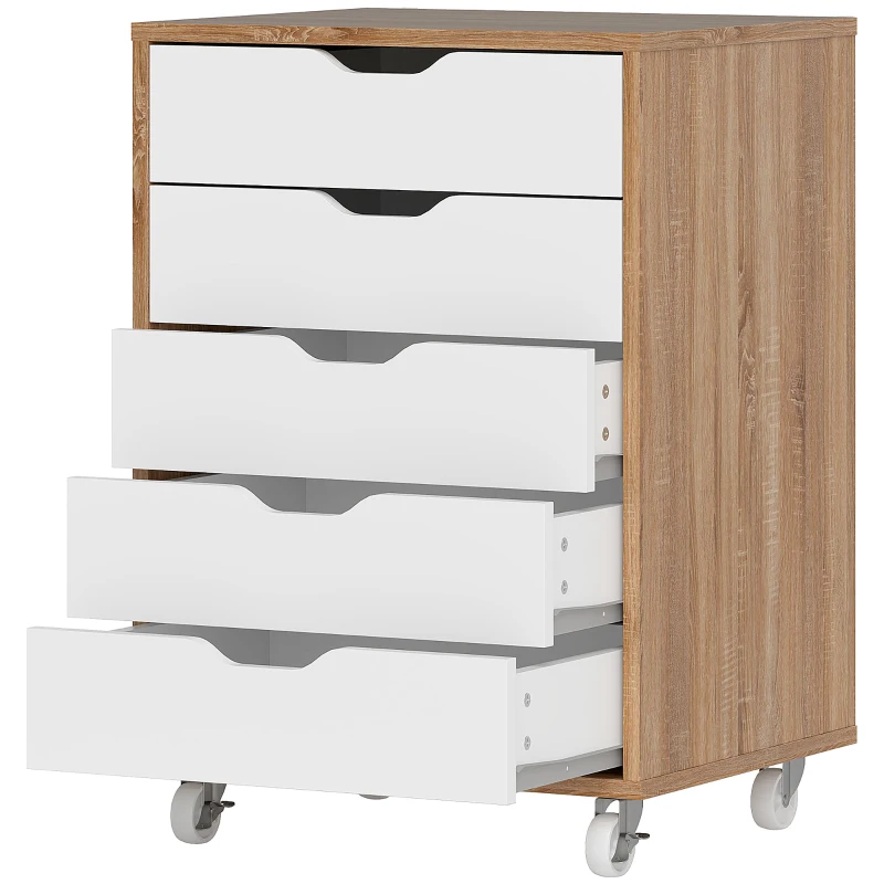 Vinsetto Five-Drawer Filing Cabinet, with Wheels - Oak Brown