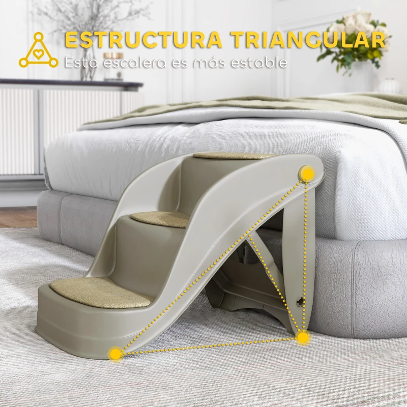 PawHut Escalera para Perros Pequeños Plegable 3 Peldaños Escalones para Perros con Alfombras Antideslizantes 49x38x38 cm Gris