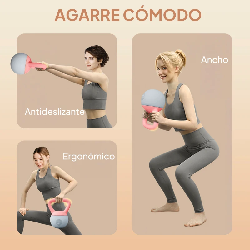 SPORTNOW Pesa Rusa 4 kg Kettlebell Relleno de Arena Metálica y Mango Antideslizante para Entreno en Casa 19x15x25 cm Rosa y Gris