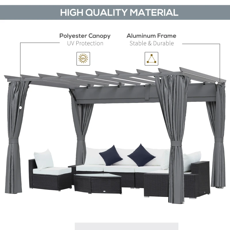 Outsunny 3.6 x 3(m) Outdoor Pergola with Retractable Roof and Curtains, Garden Gazebo Canopy Sun Shade Shelter with Aluminum Frame, Dark Grey