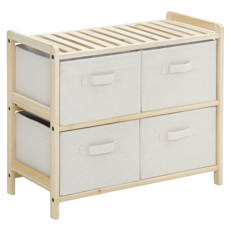 HOMCOM Comodă textilă de depozitare cu 4 sertare pliabile din țesătură de in, stil elegant, pentru dormitor birou sufragerie, 59 x 28 x 50 cm lemn natural bej
