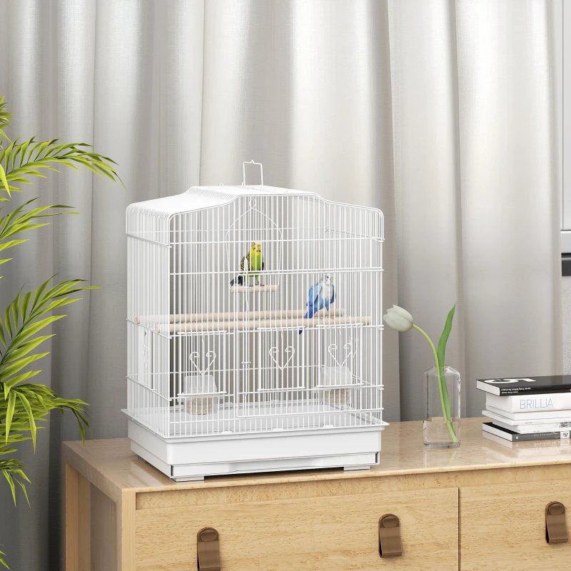 PawHut Cage pour petits oiseaux portable avec poignée, plateau extractible et 5 portes, perchoirs et balançoire, Blanc