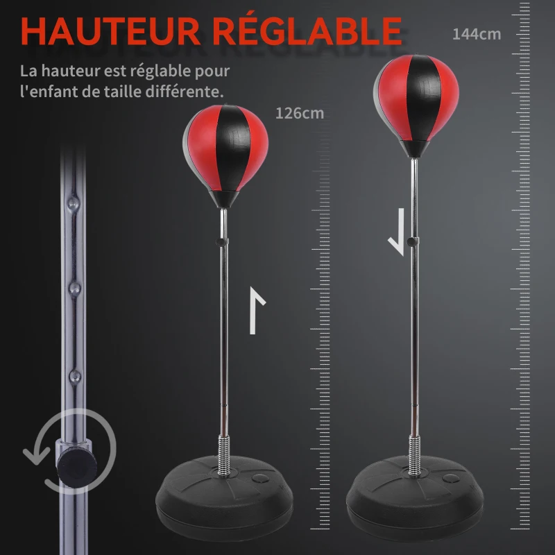 HOMCOM Sac de Frappe sur Pied Punching ball sur pied réglable en hauteur 126-144 cm avec gants, pompe et base de lestage pour enfants et débutants noir et rouge