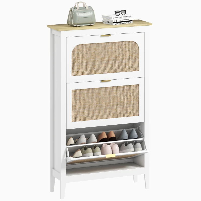 HOMCOM Dulap pentru încălțăminte 21 perechi boem cu 3 sertare rabatabile, uși cu efect cannage ratan, 80 x 24 x 131 cm, alb