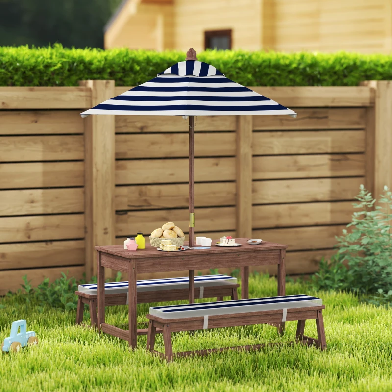 AIYAPLAY Set mobilier de grădină exterior pentru copii cu perne și parasol detașabil, dungi bleumarin și albe