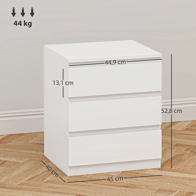 HOMCOM Comodă 3 sertare cu închidere silențioasă Comodă pentru living Birou Stil modern 45x40x52,8 cm Alb