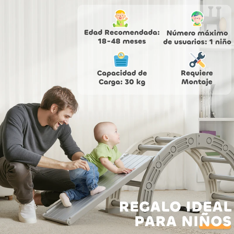 AIYAPLAY Escalada para Niños de 18-48 Meses 4 en 1 con Arco de Escalada Mecedora Rampa y Tobogán 164x70x57 cm Gris y Blanco