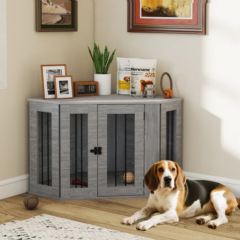 PawHut 2 in 1 Dog Crate Furniture Side Table, with Cushion, 104 x 55 x 63cm - Grey
