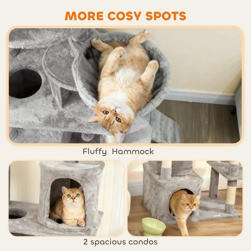 PawHut 170 cm Large Cat Tree, Cat Tower with 7 Scratching Posts, Tunnel, 2 Condos, Hammock, Perch, Ramp, Pompoms, Light Grey