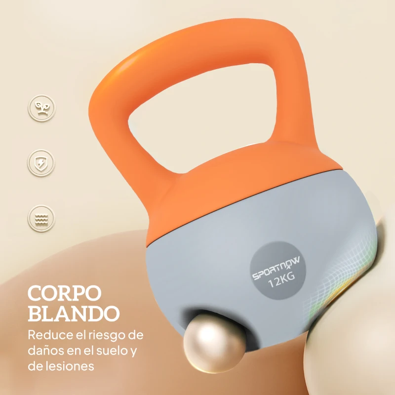 SPORTNOW Pesa Rusa 12 kg Kettlebell Relleno de Arena Metálica Mango Antideslizante para Casa 21x21x30 cm Naranja y Gris