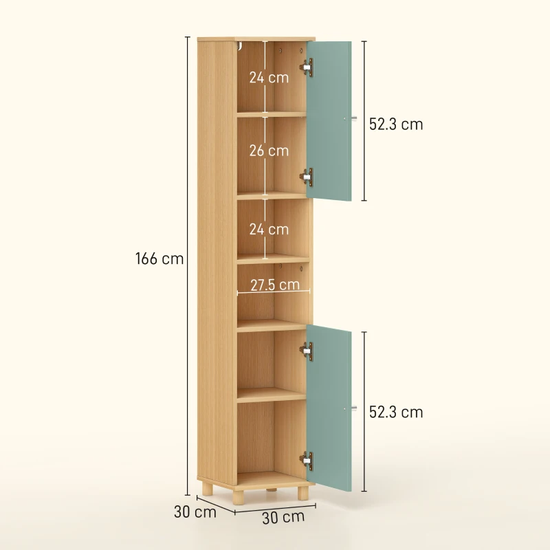 HOMCOM Mobilier de baie corp de depozitare 2 dulapuri 2 compartimente deschise rafturi reglabile 30 x 30 x 166 cm, verde