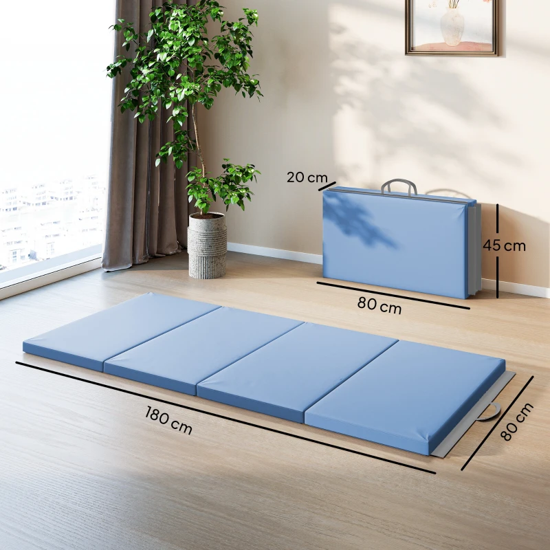 HOMCOM Saltea de gimnastică yoga pilates fitness pliabilă în 4 cu mânere înveliș sintetic 180 x 80 x 5 cm albastru deschis