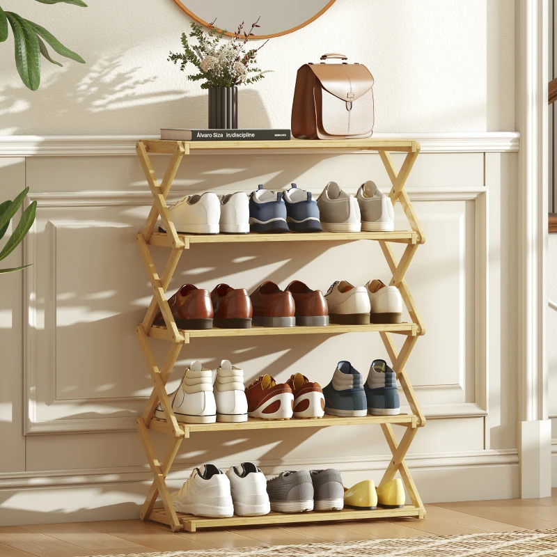 HOMCOM Zapatero Estrecho de Bambú Zapatero Vertical Plegable de 5 Niveles Sin Instalación Natural