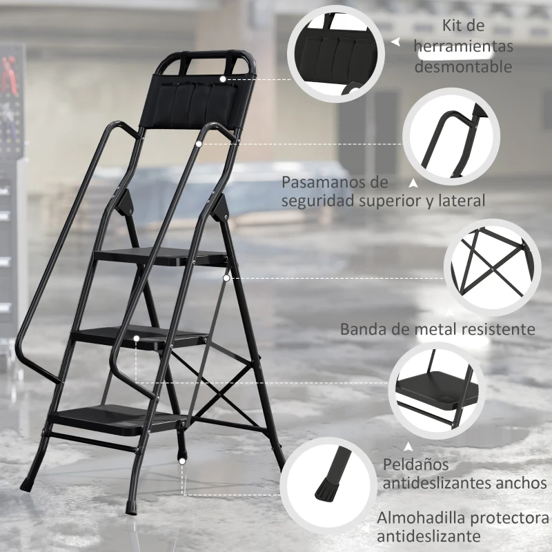 HOMCOM Escalera Plegable de 3 Peldaños con Bolsa de Herramientas Escalera de Tijera con Peldaños Anchos Antideslizantes Negro