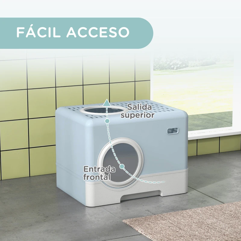 PawHut Arenero para Gatos Cubierto con Pala Bandeja Extraíble Entrada Frontal y Salida Superior 52x41x38,5 cm Azul