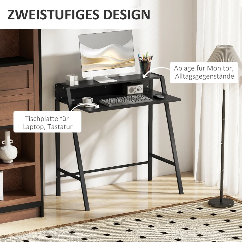 HOMCOM bureau, computertafel, bureau, werktafel met kabeldoorvoer, lade, MDF metaal zwart 84 x 45 x 85 cm