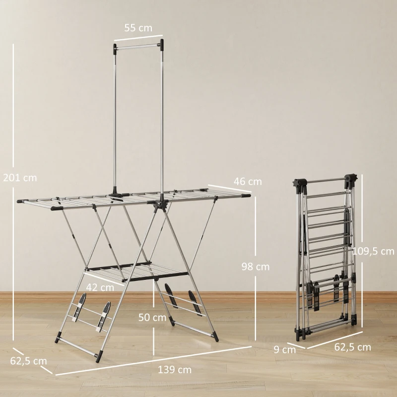 HOMCOM Tendedero Vertical Plegable con Alas Ajustables 4 Soportes para Calzado Barra y Estante 139x62,5x201 cm Plata