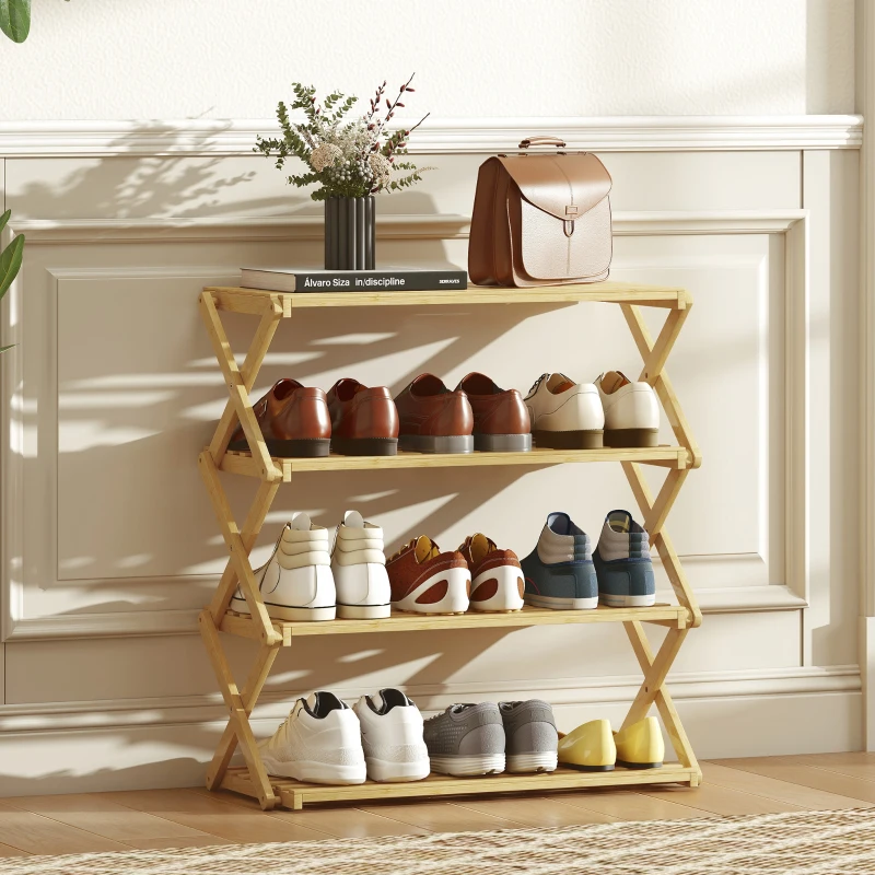 HOMCOM Zapatero Estrecho de Bambú Zapatero Vertical Plegable de 4 Niveles Sin Instalación Natural