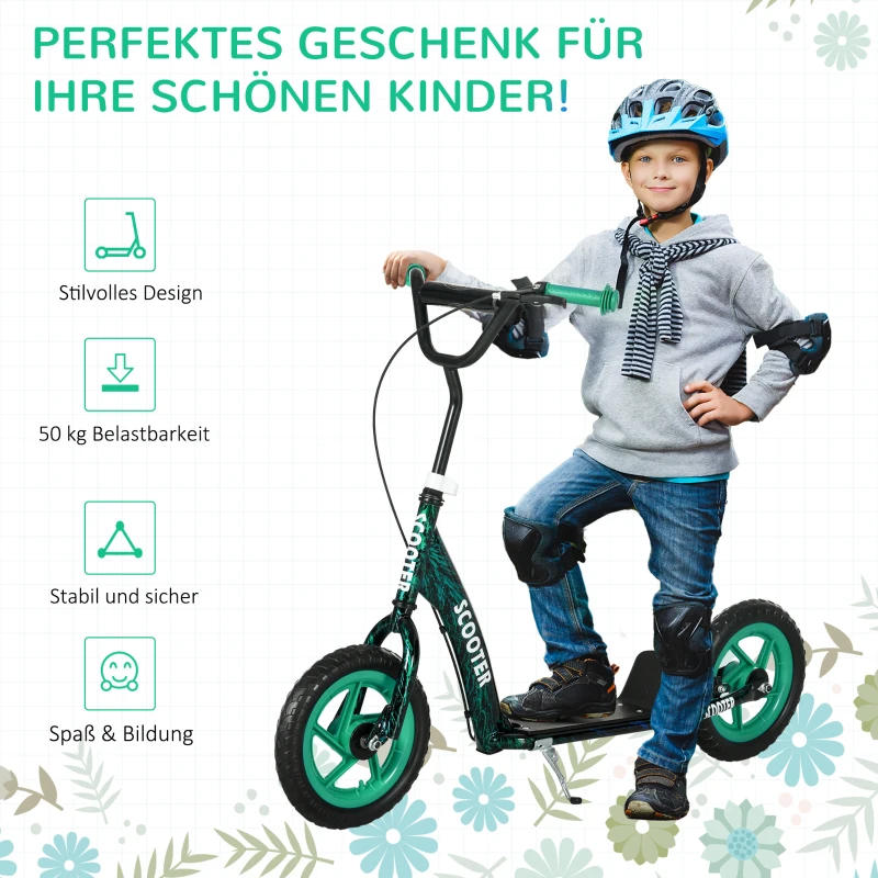 AIYAPLAY Kinderroller, höhenverstellbarer Tretroller für Kinder, mit Bremse, Ständer, 2 Räder, Stahl, Grün