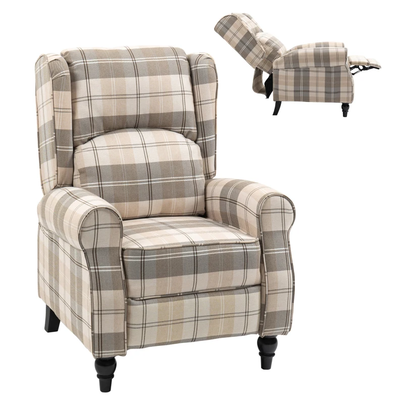 HOMCOM Wingback Recliner Armchair for Living Room, Pushback Reclining Chair with Round Armrests, Footrest and Rubber Wood Legs, Khaki