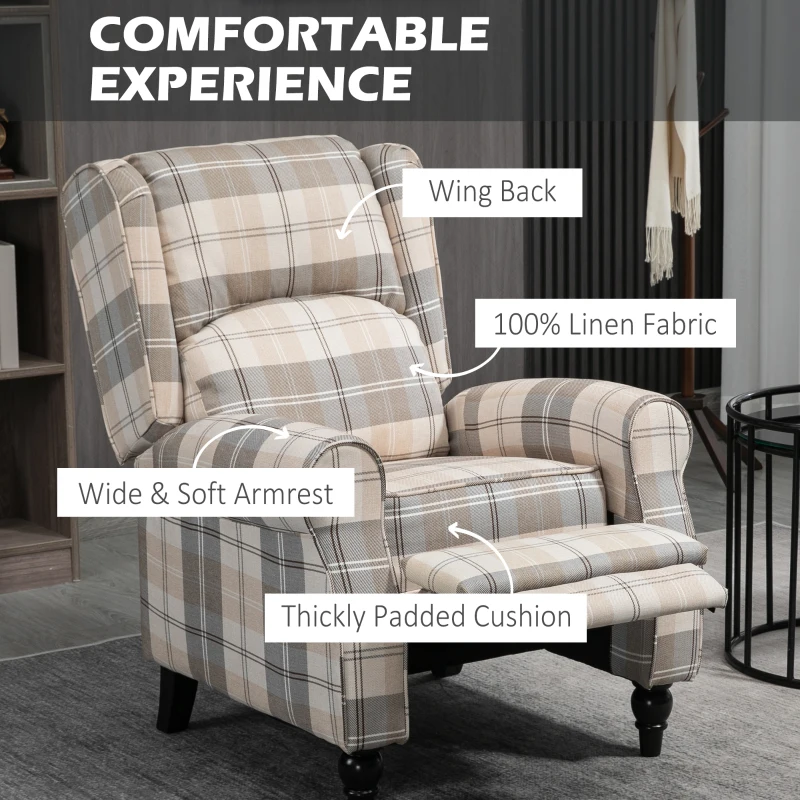 HOMCOM Wingback Recliner Armchair for Living Room, Pushback Reclining Chair with Round Armrests, Footrest and Rubber Wood Legs, Khaki