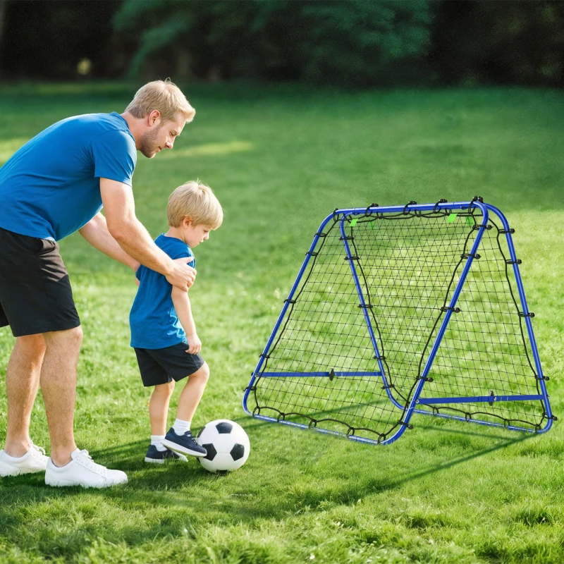 HOMCOM Doppelseitige Rebounder für Fußball, verstellbar Prellwand mit 5 Winkelpositionen Rückprallwand Netz, 100 x 68-95cm Kickback Tor für Jugendliche, Rückprallwand für Handball Training, Blau