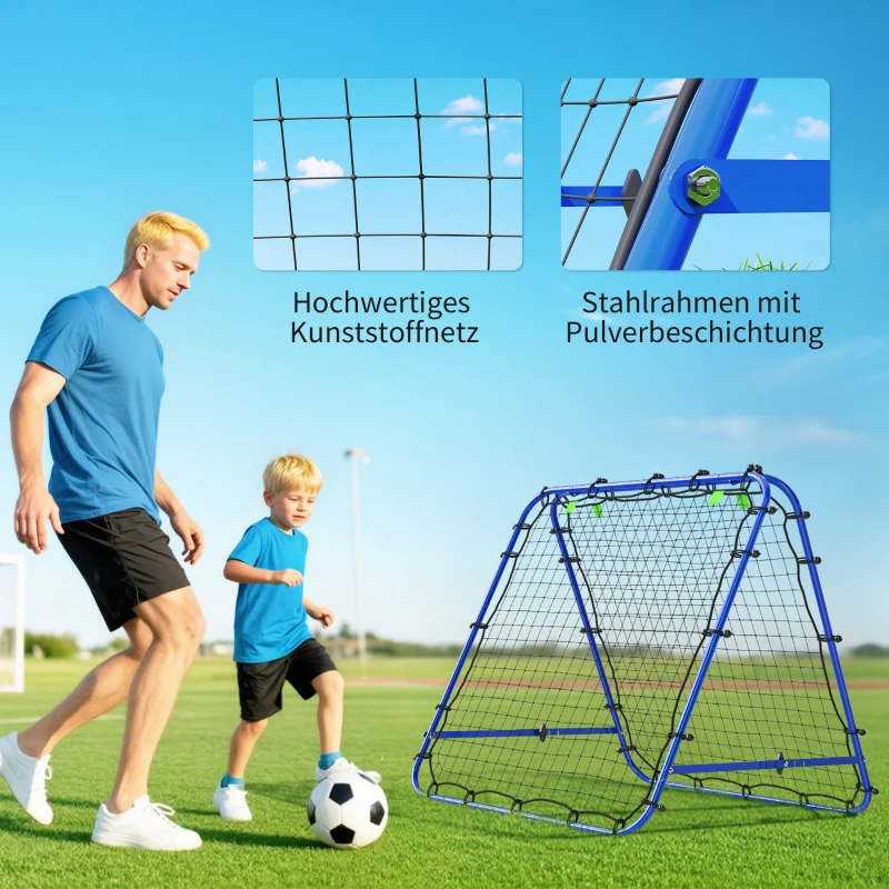 HOMCOM Doppelseitige Rebounder für Fußball, verstellbar Prellwand mit 5 Winkelpositionen Rückprallwand Netz, 100 x 68-95cm Kickback Tor für Jugendliche, Rückprallwand für Handball Training, Blau