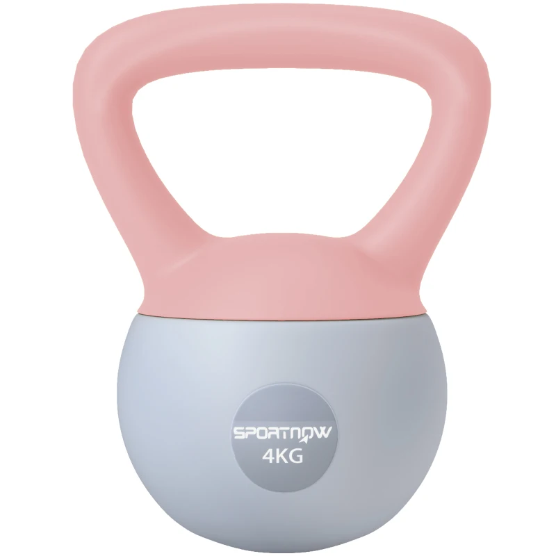SPORTNOW Pesa Rusa 4 kg Kettlebell Relleno de Arena Metálica y Mango Antideslizante para Entreno en Casa 19x15x25 cm Rosa y Gris