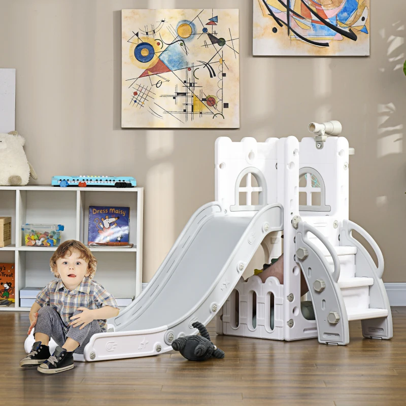 AIYAPLAY Scivolo per Bambini 5 in 1 con Canestro da Basket Telescopio Scaletta e Cesto Inferiore per Interni Bianco e Grigio