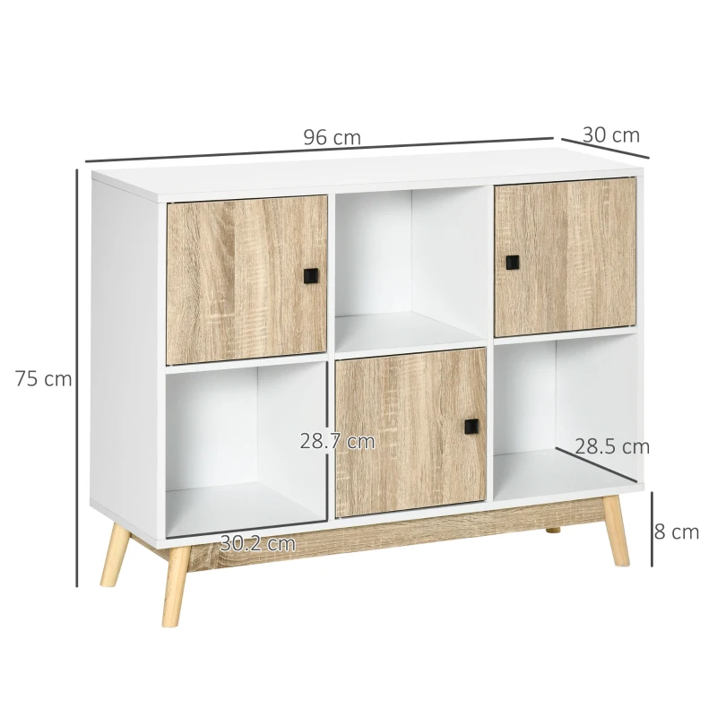 HOMCOM Bufet living, mobilier de depozitare 9 cuburi cu 3 uși și 3 compartimente deschise, picioare din lemn de pin, stil modern, bufet pentru sala de mese, bucătărie și living, 96 x 30 x 75 cm, alb, natural