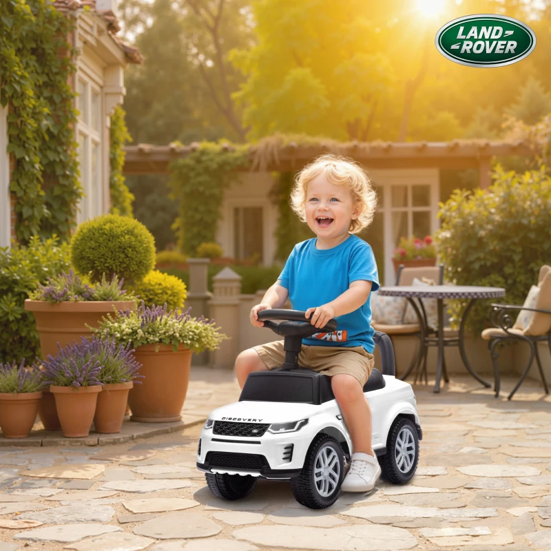 AIYAPLAY Coche Montable Licencia Land Rover con Mango y Barrera, en PP y Acero, 84x40x94.5 cm, Blanco