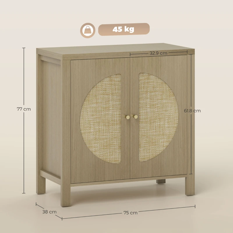 HOMCOM Bufet de bucătărie, mobilier de depozitare cu 2 uși cu efect ratan și raft reglabil, 75 x 38 x 77 cm, lemn natural