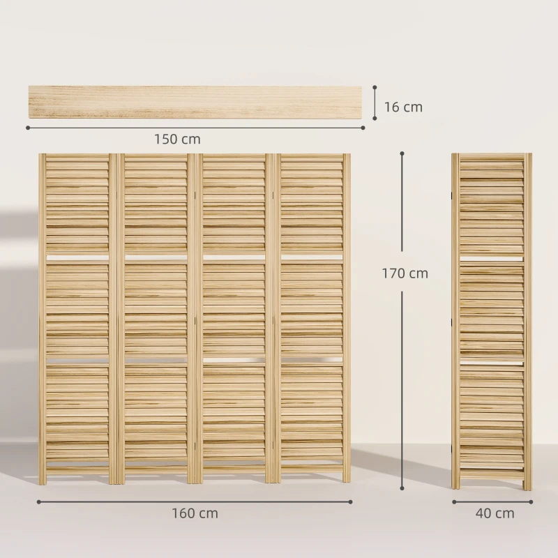 HOMCOM Paravan interior din lemn 4 panouri 160 x 170 cm, separator de cameră pliabil cu 3 rafturi, lemn natural