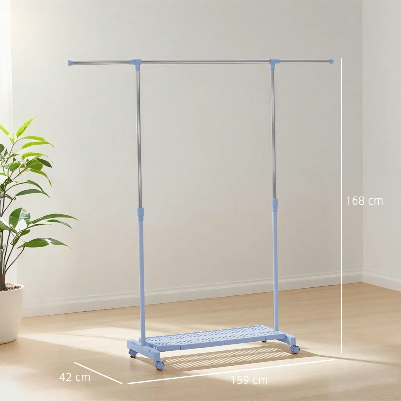 HOMCOM Tendedero Extensible con Ruedas con Barra de Acero Inoxidable y Estante para Zapatos 159x42x168 cm Azul y Plata