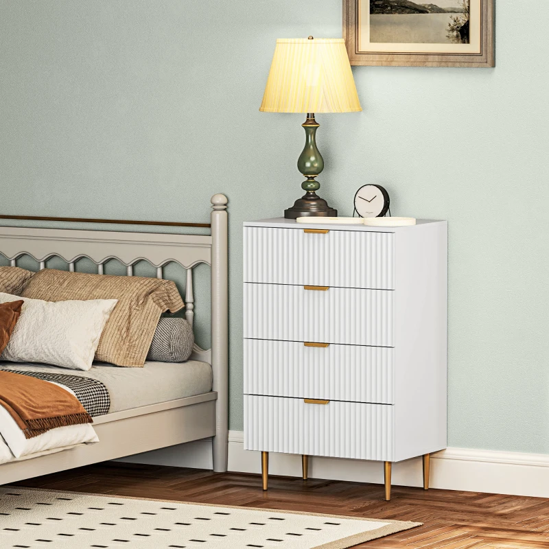 HOMCOM Commode 4 tiroirs commode chambre meuble de rangement moderne avec poignées et pieds dorés, dim. 60 x 40 x 96 cm, blanc