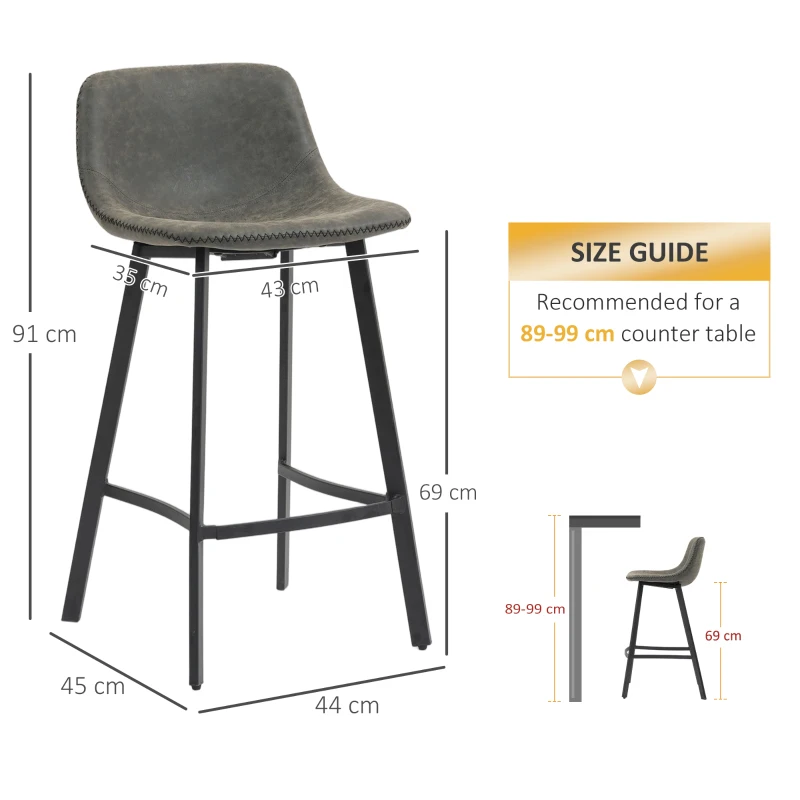 HOMCOM Bar Stools Set of 2, PU Leather Dining Stools with Backrest, Footrest, for Kitchen, Counter, Breakfast Bar, Grey
